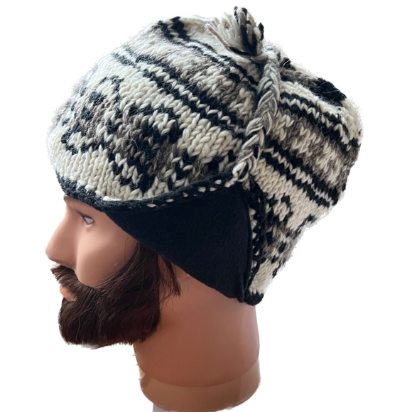Nepal Wool Trapper HAT Tassels Nordic Knit Pattern Winter Ear Flaps Cream Brown - Picture 6 of 6